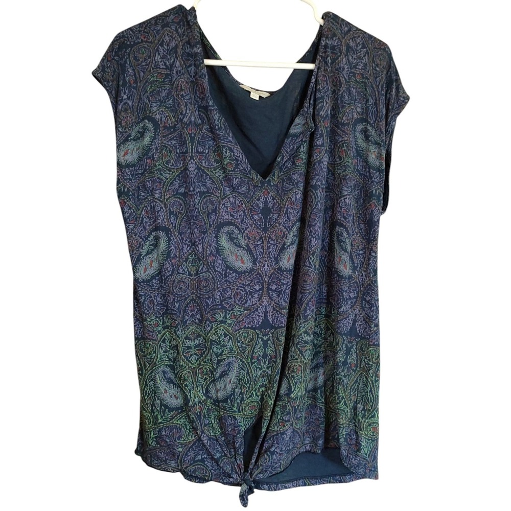 Lucky Brand Peacock Feather Paisley Tee Shirt Tie Front Top Vintage Womens Large